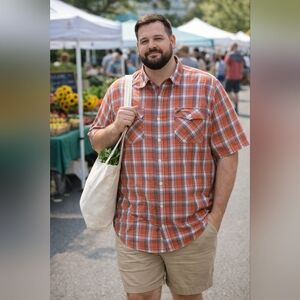 SONOMA Men's 3XL Tall Plaid Button Down Shirt Orange Casual Short Sleeve